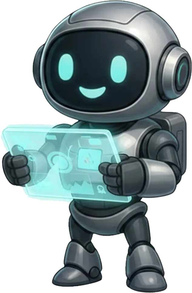 Cute AI robot assistant holding a holographic digital interface screen