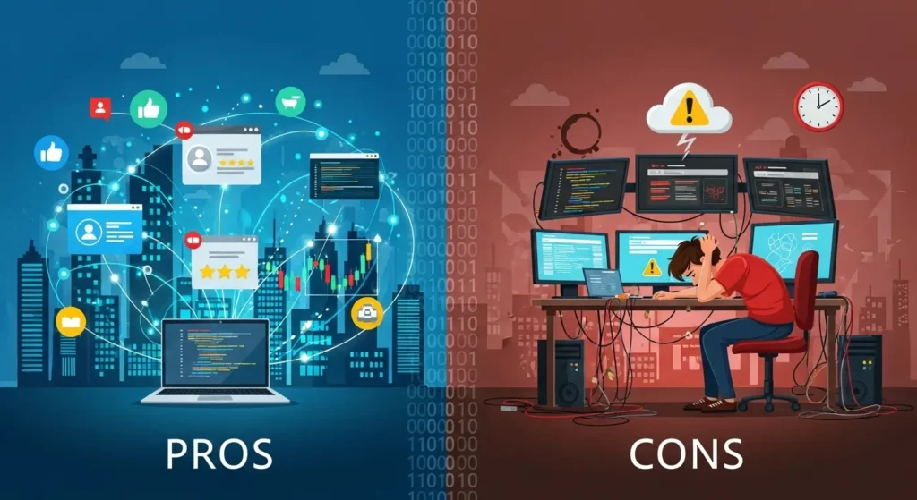 Web development pros and cons illustration showing benefits like connectivity and drawbacks like stress and technical issues