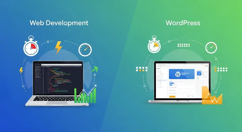 Comparison of web development coding on laptop and WordPress dashboard interface with performance graphics
