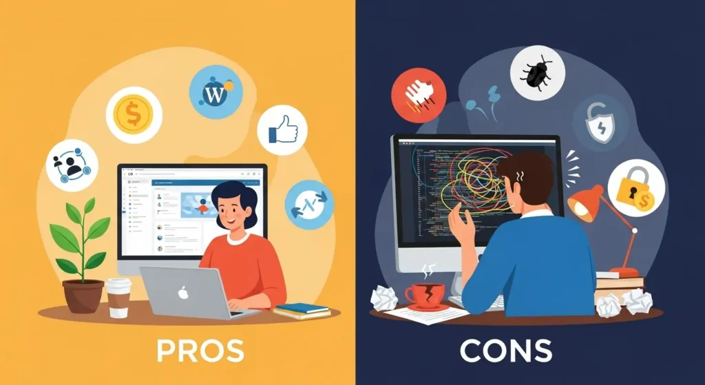 WordPress pros and cons illustration showing benefits like ease of use and drawbacks like bugs and security issues