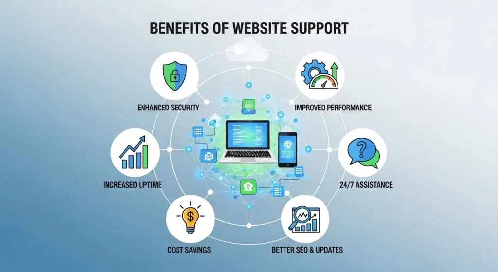Benefits of website support including enhanced security, improved performance, increased uptime, SEO updates, cost savings, and 24/7 assistance