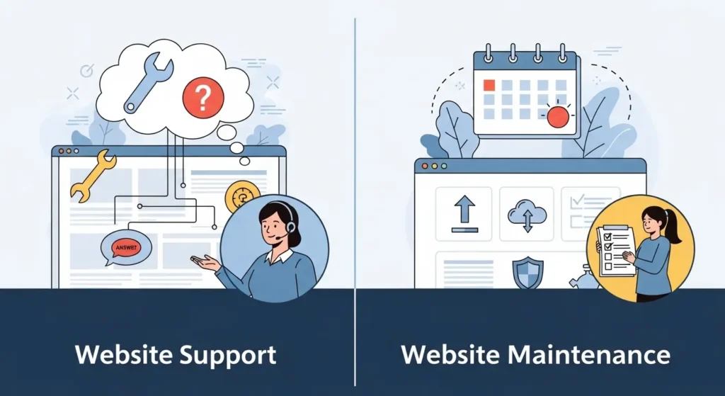 Illustration comparing website support and website maintenance services with tools, calendar, and checklist elements