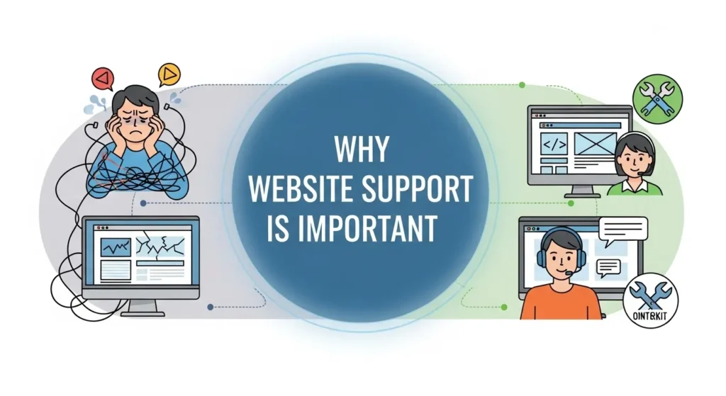 Illustration showing why website support is important including troubleshooting, maintenance, and technical support